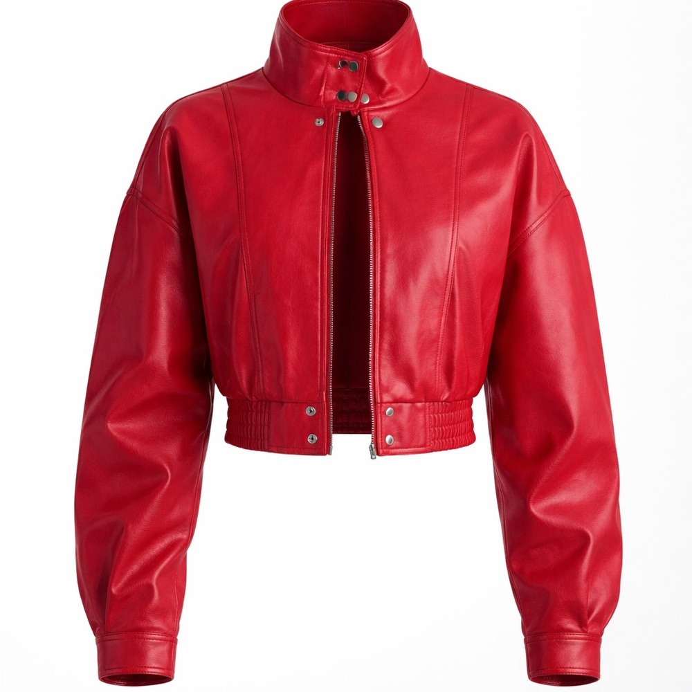 Women's Red Cropped Leather Jacket with High Collar